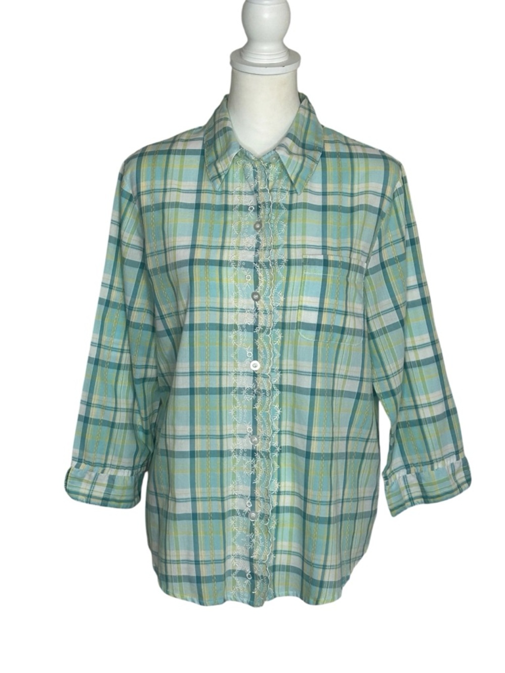 Alfred Dunner Plaid Button-Down Shirt in Mint Green and Yellow